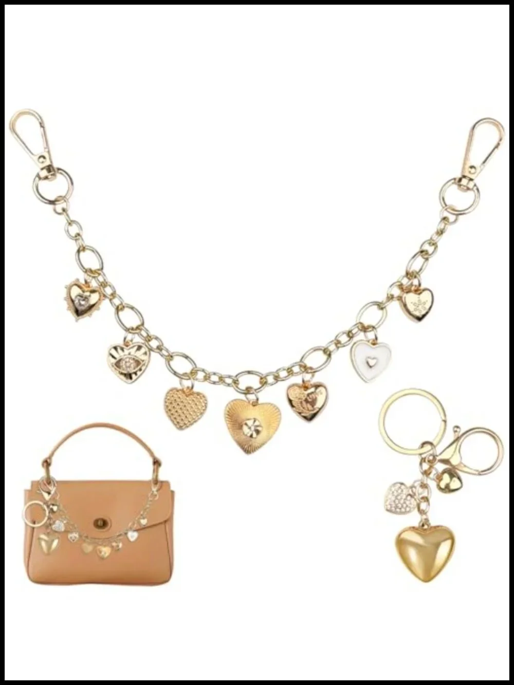 2 Pcs Gold Metal Bag Chain with Heart Purse Charm Extender Strap for Handbags